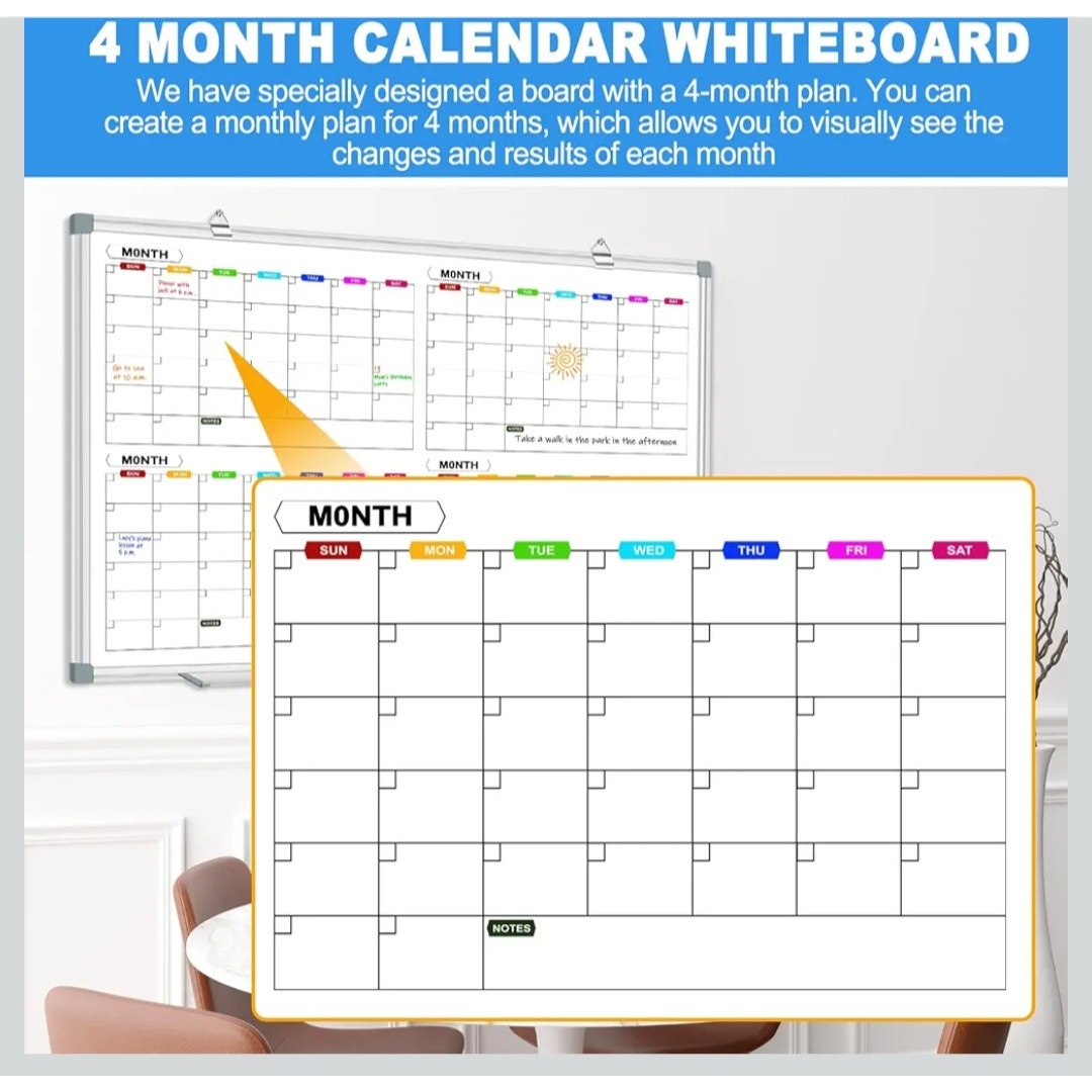 New Magnetic 4 Month Calendar Whiteboard 36" x 24" Dry Erase Board