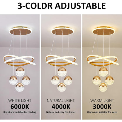 Gold LED Chandelier 3-Color Dimmable Hanging Pendant Ceiling Light Adjustable Height
