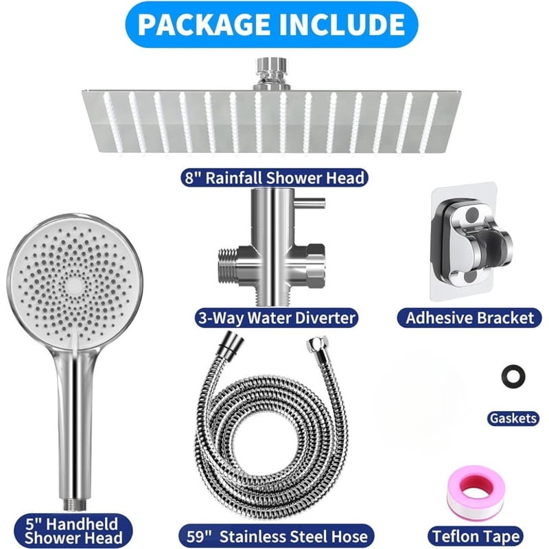 8" High Rainfall Showerhead & Handheld Shower Head Chrome w/ Diverter