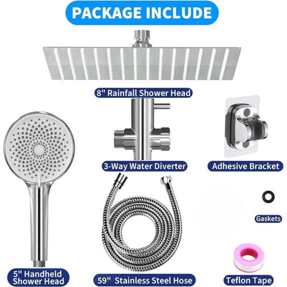 8" High Rainfall Showerhead & Handheld Shower Head Chrome w/ Diverter