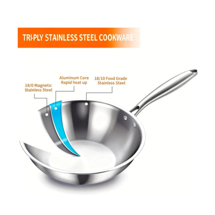 Tri-Ply Stainless Steel 12 inch Wok & Stir-Fry Pan