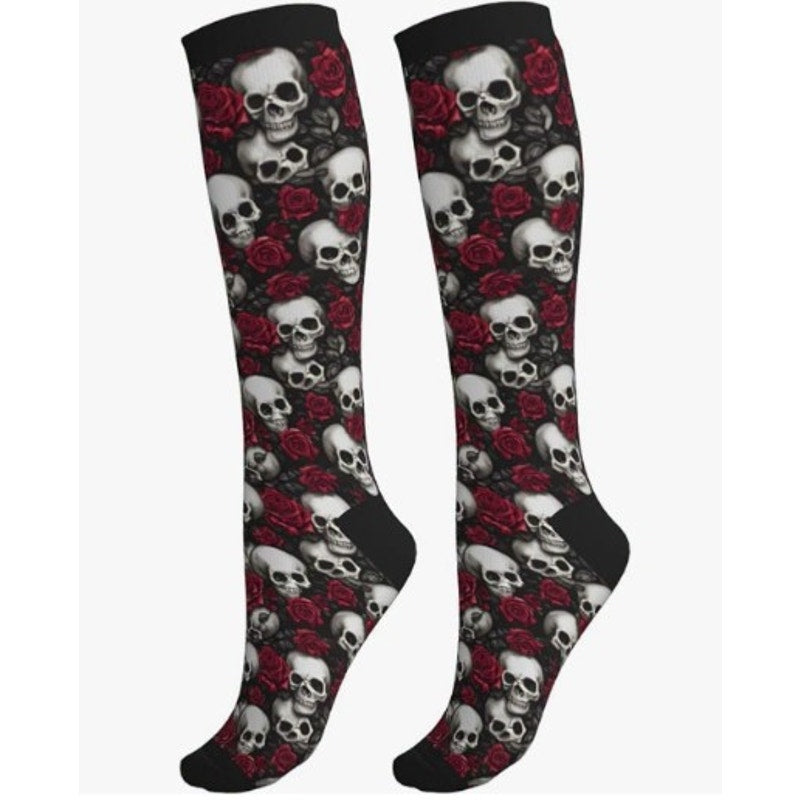 Skull Roses Compression Socks Women Men 15-20mmHg Athletic Running Cycling One Size