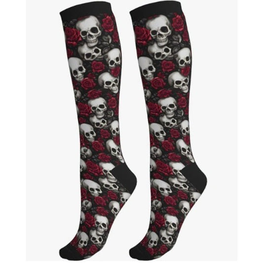 Skull Roses Compression Socks Women Men 15-20mmHg Athletic Running Cycling One Size