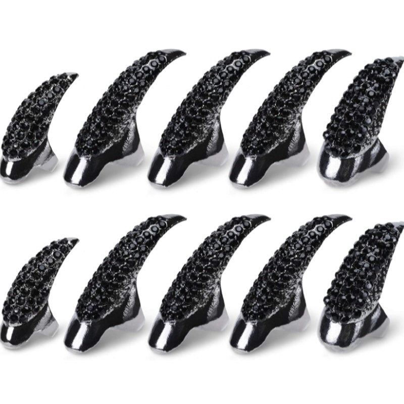 10 Pcs Halloween Black Jeweled Nail Claw Ring Costume Claws
