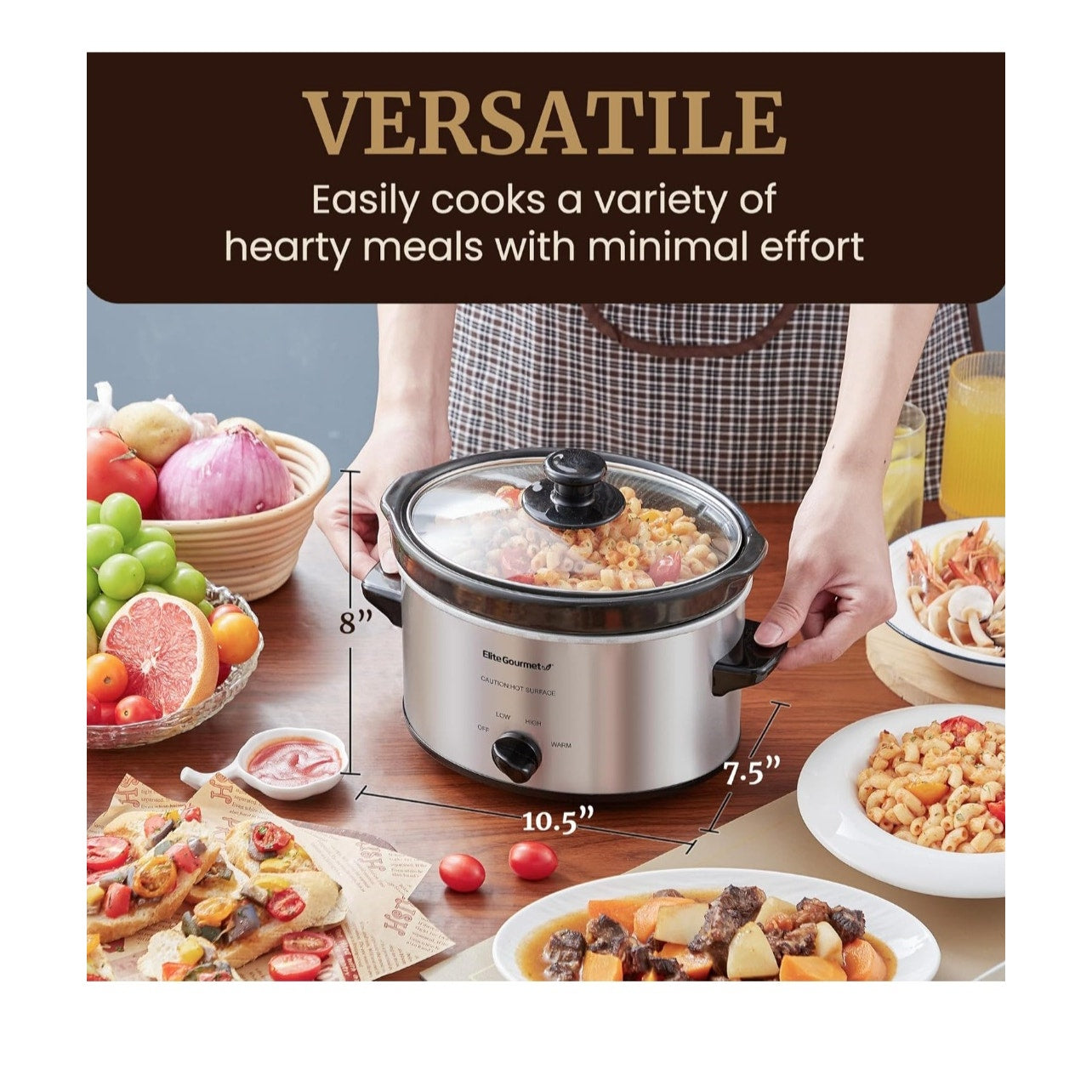 Stainless Steel Electric 2 Qt Oval Slow Cooker Adjustable Temp Dishwasher Safe