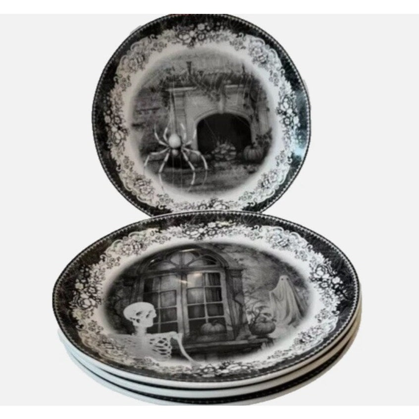EATON FINE DINING Spooky House Halloween Salad Dessert Plates Set of 4 NEW 7 1/2"