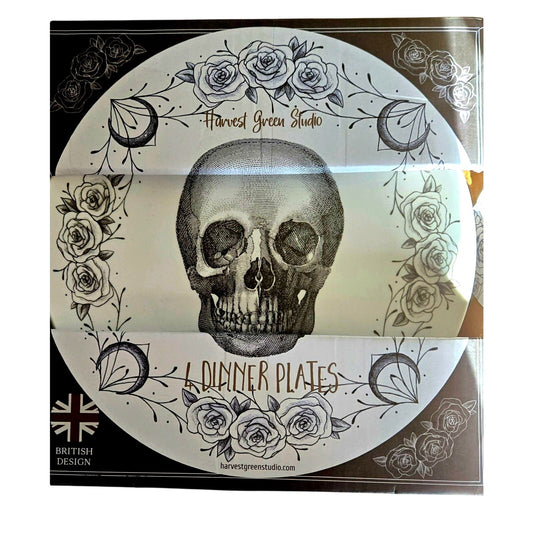 Harvest Green Studio 4 SKULL & ROSES 10.5" Dinner Plates Halloween NIP