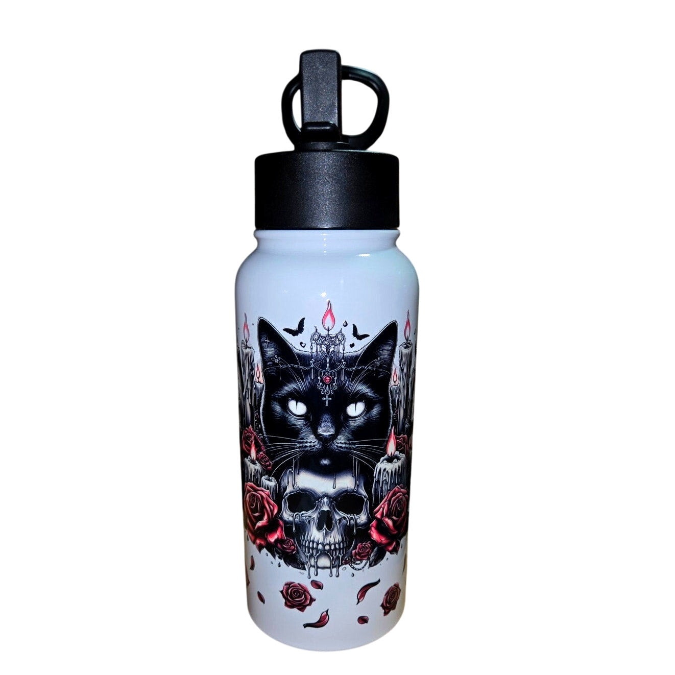 Cat & Skull Flower Halloween Water Bottle Stainless Steel Insulated w/ Straw UV DTF