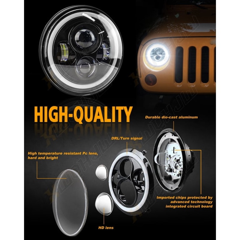 Set of Two 7" inch Universal LED Round Headlight Assembly w/ Halo for Jeeps and Other Vehicles