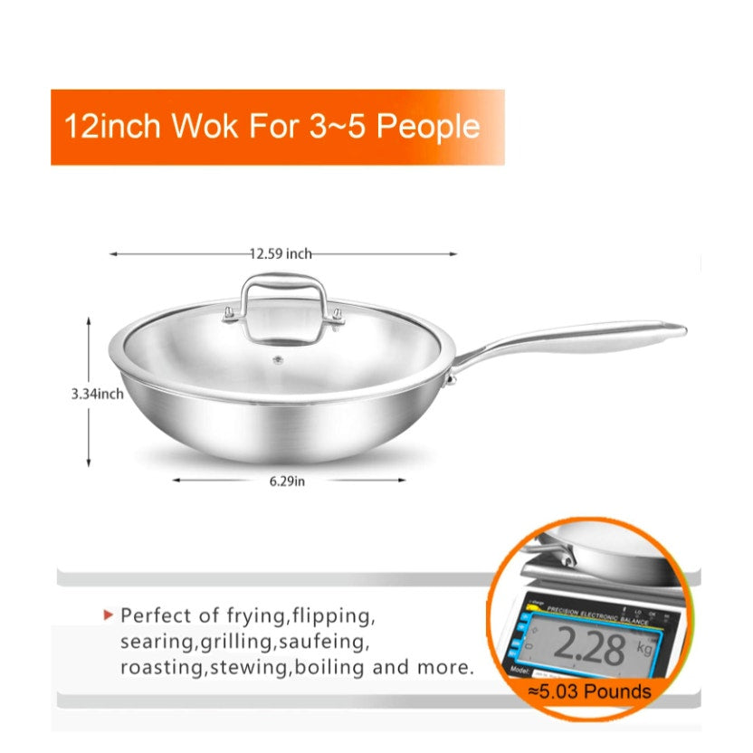 Tri-Ply Stainless Steel 12 inch Wok & Stir-Fry Pan