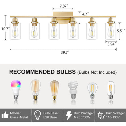 New 6 Light Gold Bathroom Light Fixture Brushed Brass Vanity Light Wall Lighting