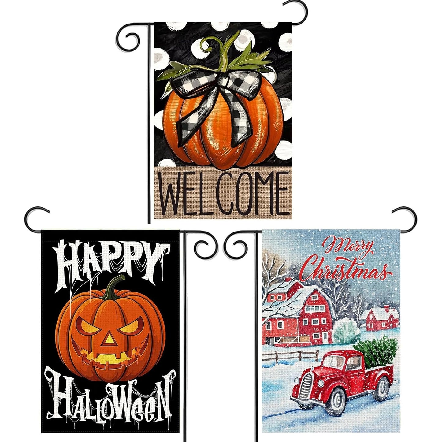 Halloween / Fall / Christmas 3 Pack Burlap Yard Flags 12x18 Outside Decoration
