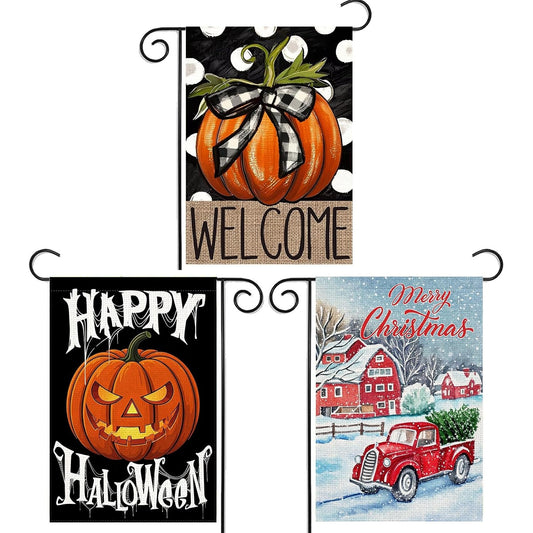 Halloween / Fall / Christmas 3 Pack Burlap Yard Flags 12x18 Outside Decoration