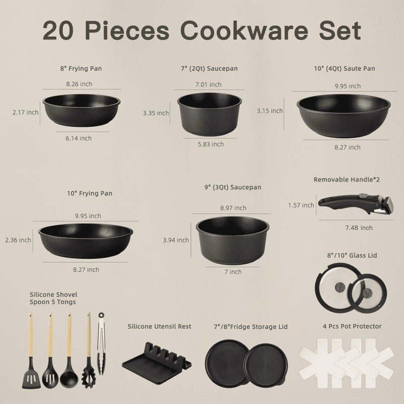 20-Piece Pots and Pans Set, Nonstick Cookware Set with Detachable Handles