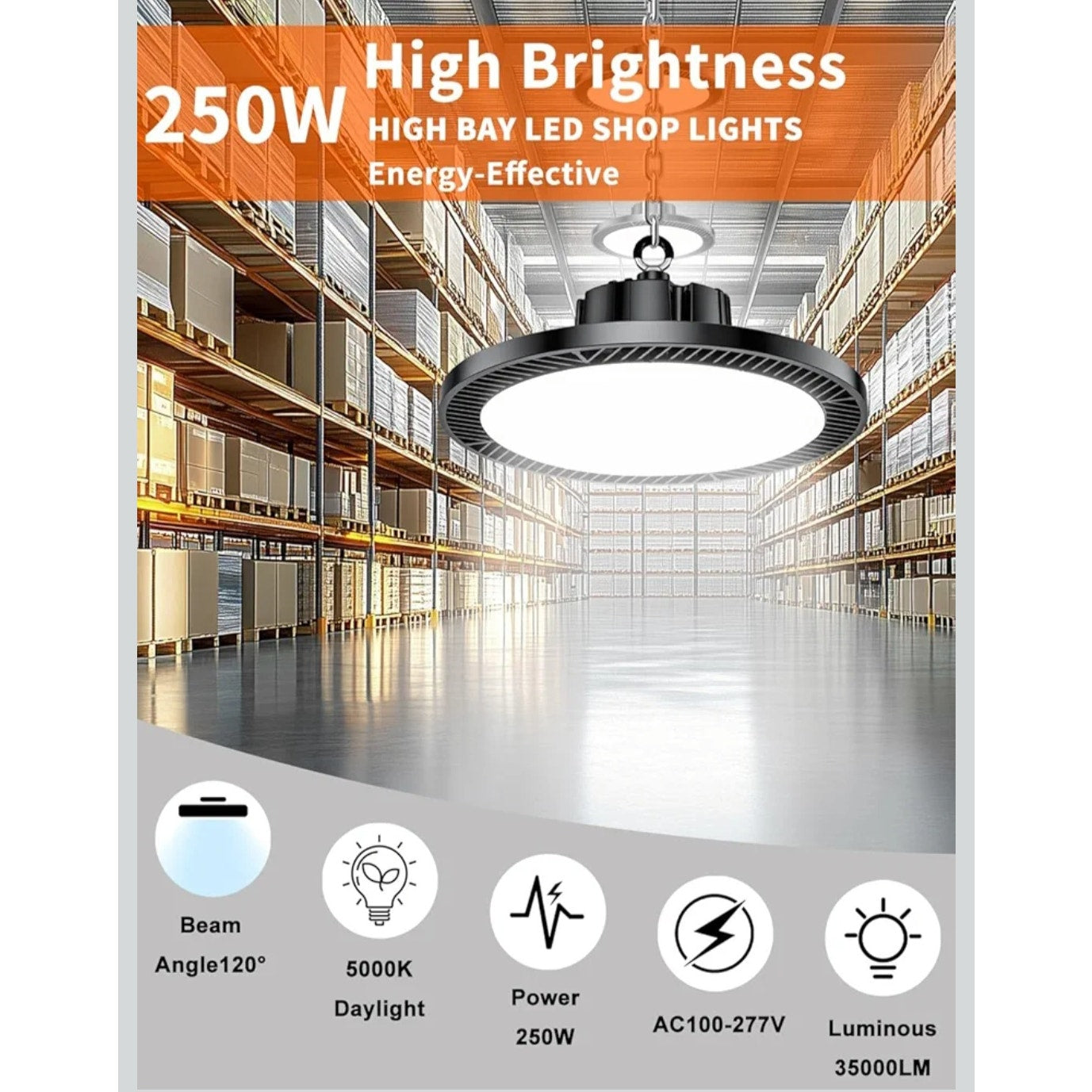 6 Pack LED High Bay Shop Light Brightness 250W 100V-277V IP65 Waterproof 5000K