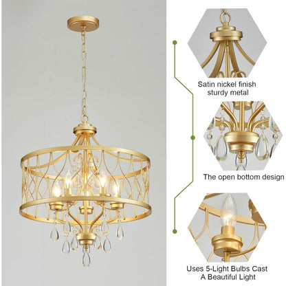 New 5-Light Gold Crystal Hanging Pendant Chandelier