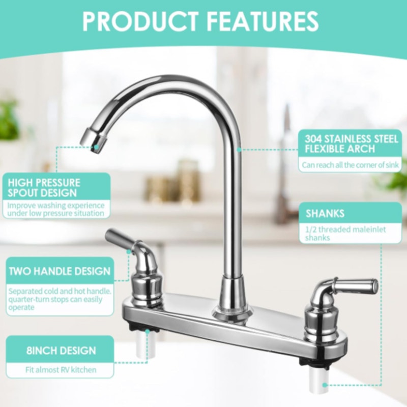RV Kitchen Faucet Two Handle-8" Main Body-High Arch-360 Swivel Chrome Finish