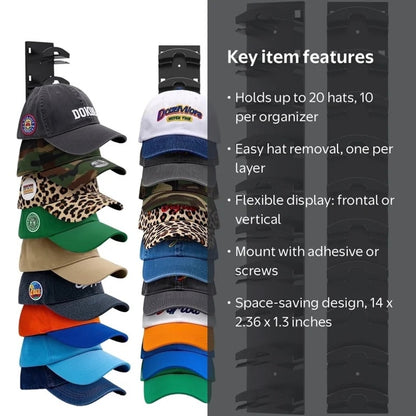 Hat Organizer for Baseball Caps 2Pack, Hat Rack for Wall with Strong Adhesive Hold up to 20 Hats