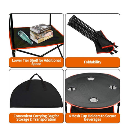Camping Table Portable Folding Steel Frame w/ 4 Cup Holders & Carry Case