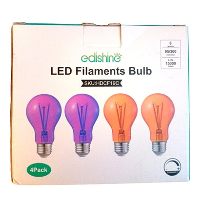 Set of 4 LED Colored Filament A19 Light Bulb