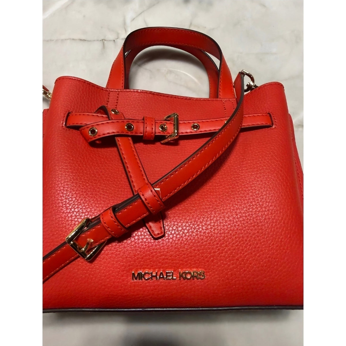 NEW Michael Kors Emilia Small Belted Satchel Red Pebbled Leather Crossbody Bag