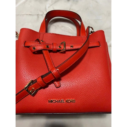 NEW Michael Kors Emilia Small Belted Satchel Red Pebbled Leather Crossbody Bag