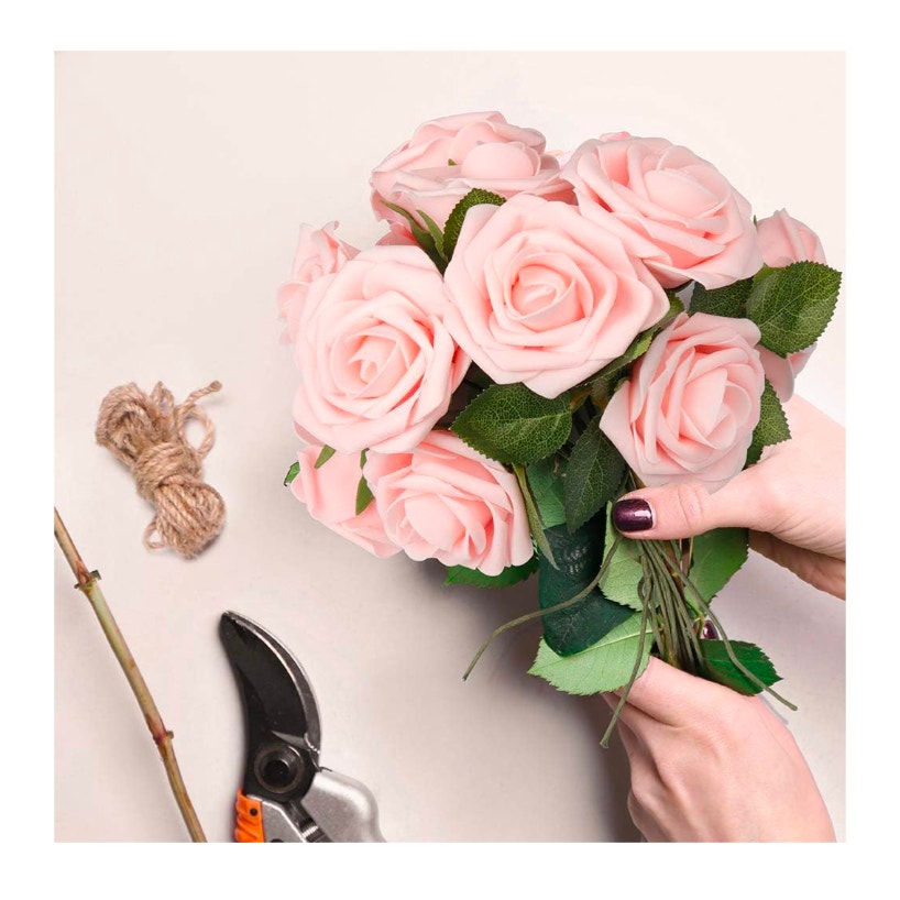 50Pcs Artificial 8" Stem w/ Leaves Rose Flowers Blush Pink Roses DIY Projects