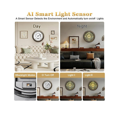 Illuminated Large Indoor Outdoor Wall Clock Waterproof w/ Auto Light Sensor Thermometer Hygrometer