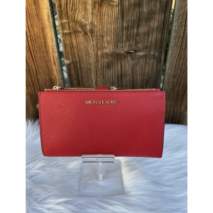 Michael Kors Jet Set Travel Leather Double Zip Wristlet Wallet - Red