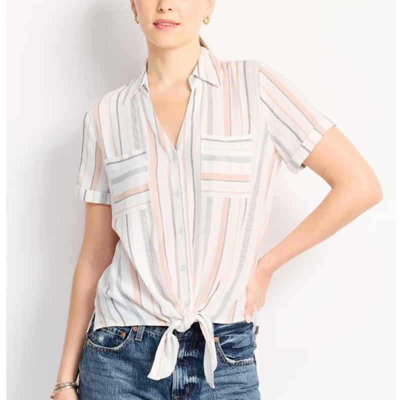 Women's Striped Button FORTUNE + IVY Candace Two Pocket Tie Front Blouse Size M (Medium) NEW