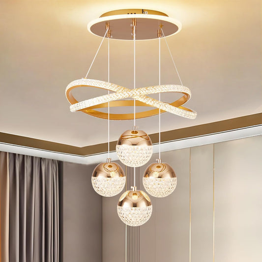Gold LED Chandelier 3-Color Dimmable Hanging Pendant Ceiling Light Adjustable Height