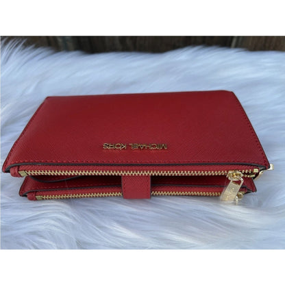 Michael Kors Jet Set Travel Leather Double Zip Wristlet Wallet - Red