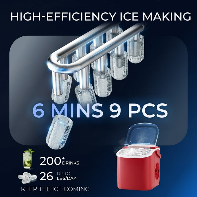 New Red Bullet Countertop Ice Maker Machine Makes 26 lbs in 24H