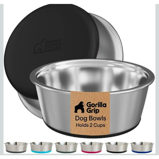 GORILLA GRIP Dog Bowls 304 Stainless Steel Holds 2 US Cups Each (16 fl oz)