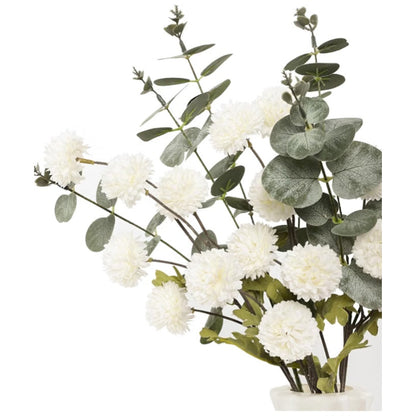 Faux Flowers Pompom Mum & Eucalyptus Kiku 10 Stems & 2 Eucalyptus