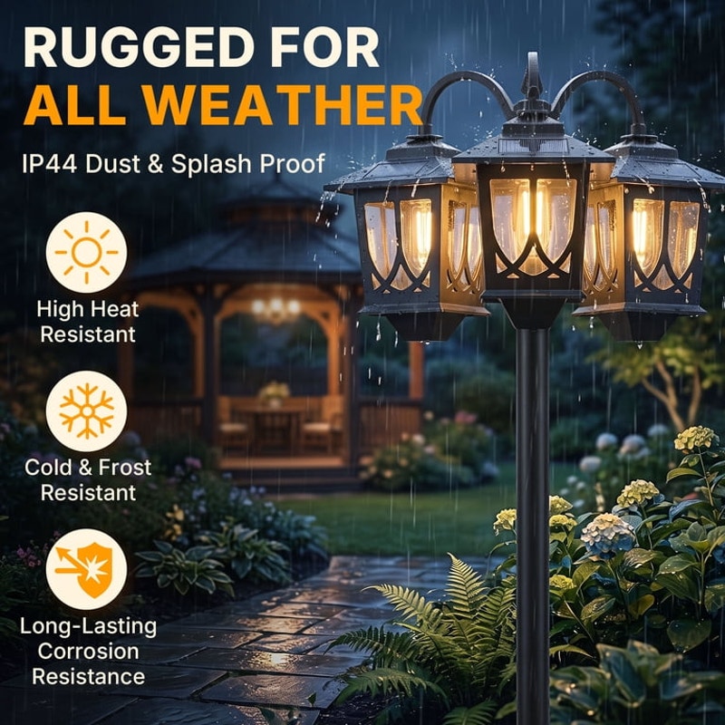 3-Head Solar Lamp Post Light Outdoor Waterproof 73" Adjustable Height