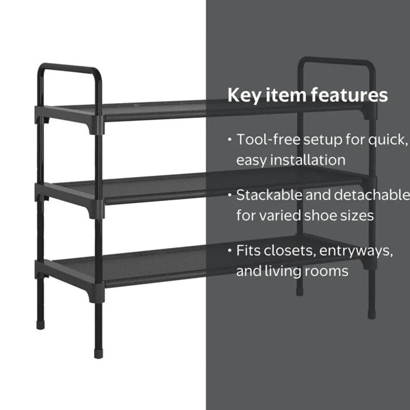 Kitsure 3-Tier Shoe Rack for Closet, Sturdy Shoe Organizer, 27.6" x 11.8" x 22.6", Black