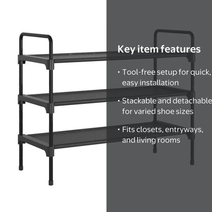 Kitsure 3-Tier Shoe Rack for Closet, Sturdy Shoe Organizer, 27.6" x 11.8" x 22.6", Black