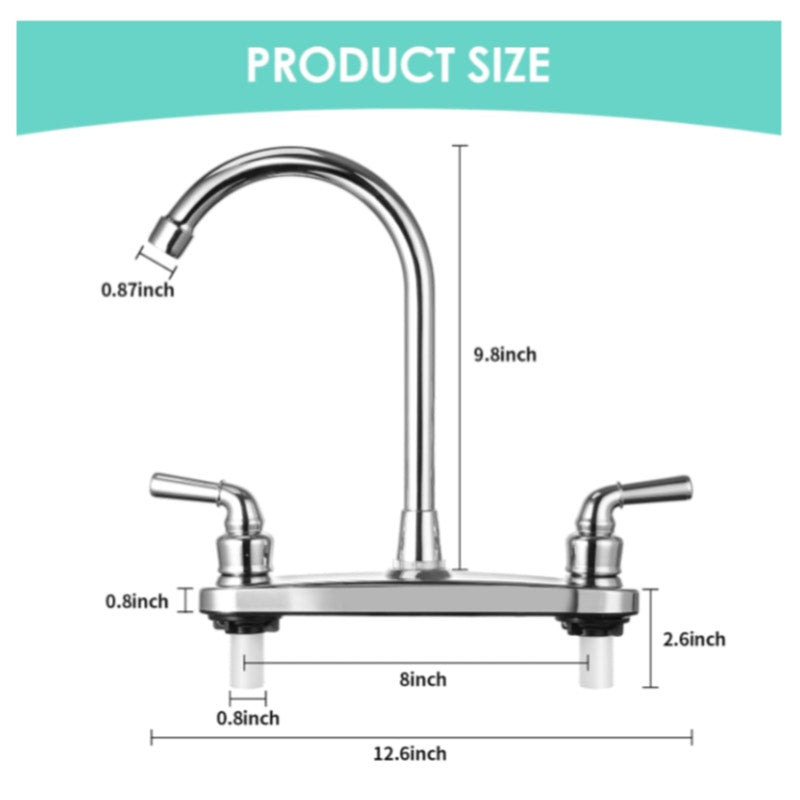 RV Kitchen Faucet Two Handle-8" Main Body-High Arch-360 Swivel Chrome Finish