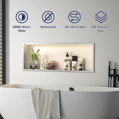 LED Shower Niche 30" X 12" Brushed 304 Stainless Steel Waterproof Recessed Shelf