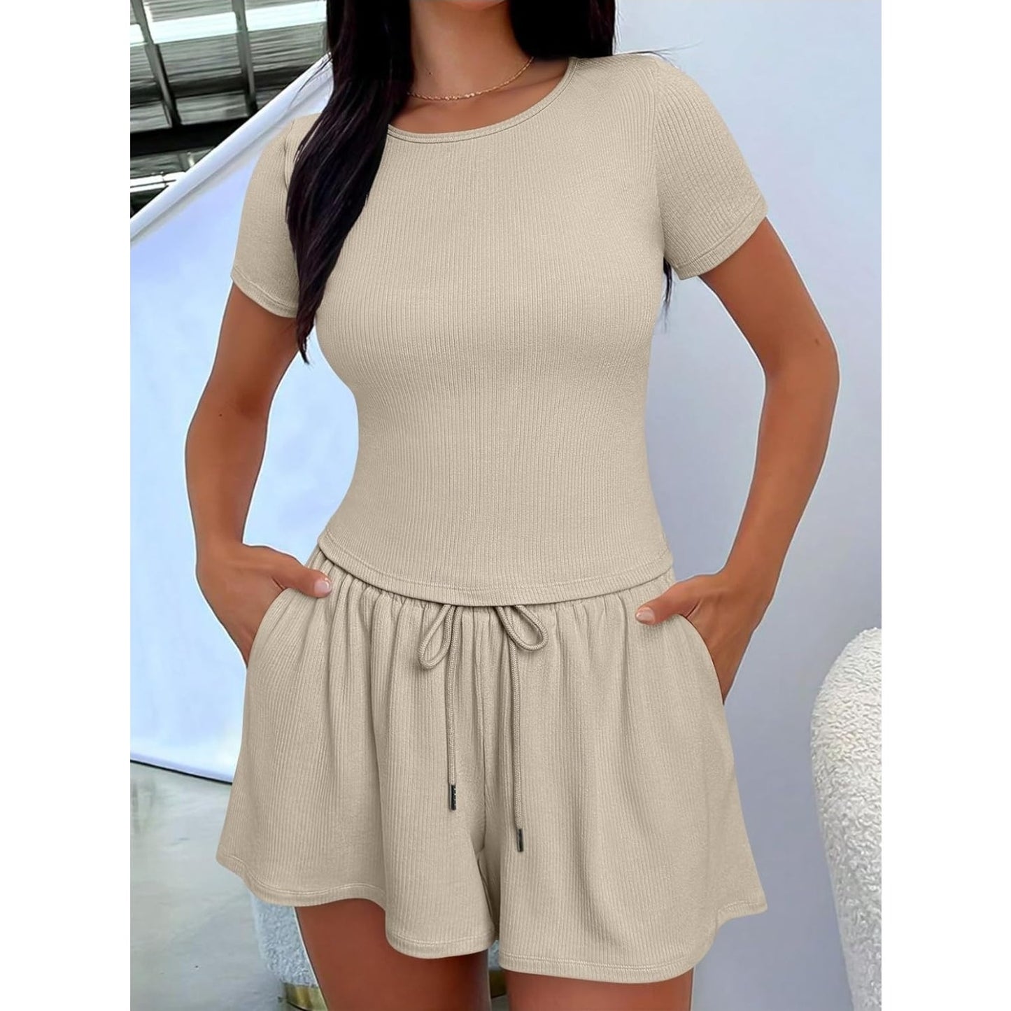 Women's M Medium Two Piece Lounge Set Short Sleeve Top & Wide Leg Shorts