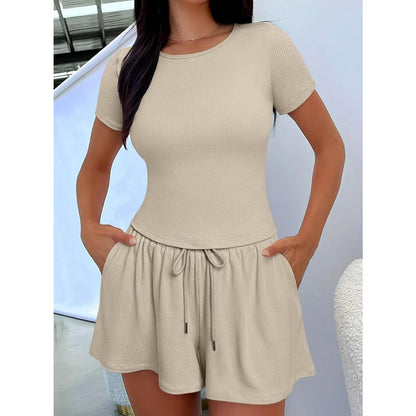 Women's M Medium Two Piece Lounge Set Short Sleeve Top & Wide Leg Shorts