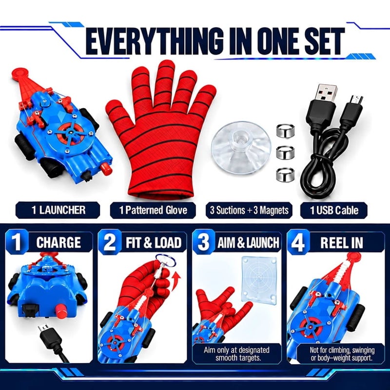 Blue Spider Web Shooter Toy for Kids USB Rechargeable Wrist Launcher w/ Auto Reel