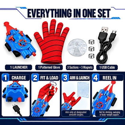 Blue Spider Web Shooter Toy for Kids USB Rechargeable Wrist Launcher w/ Auto Reel