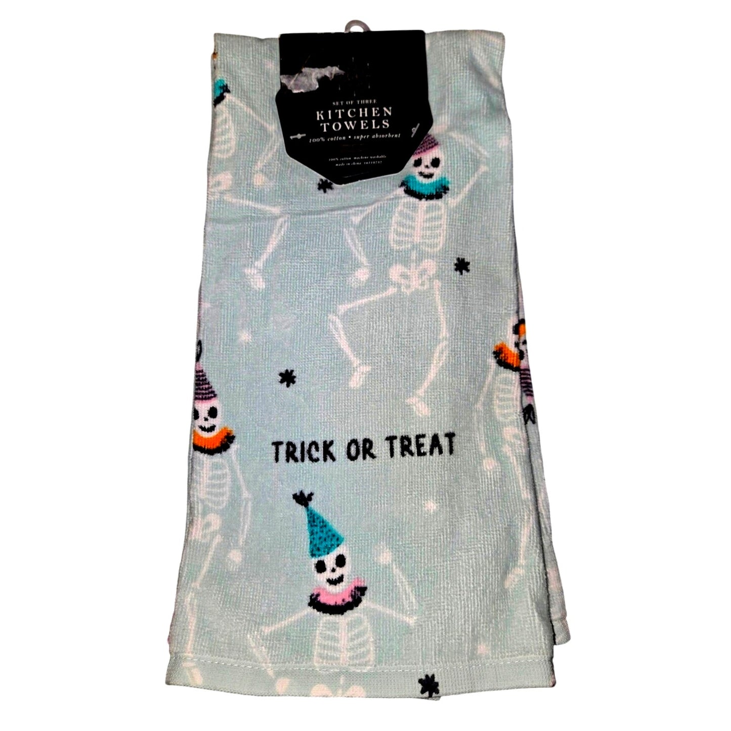 Set of 3 October Sky Halloween Dancing Skeletons Kitchen Towels Trick or Treat