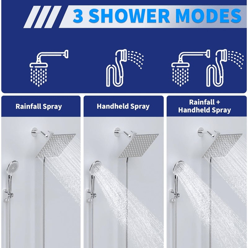 8" High Rainfall Showerhead & Handheld Shower Head Chrome w/ Diverter