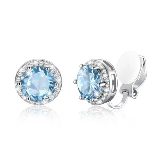 Aquamarine Blue Sterling Silver Clip on Earrings Round March Birthstone Stud Earring