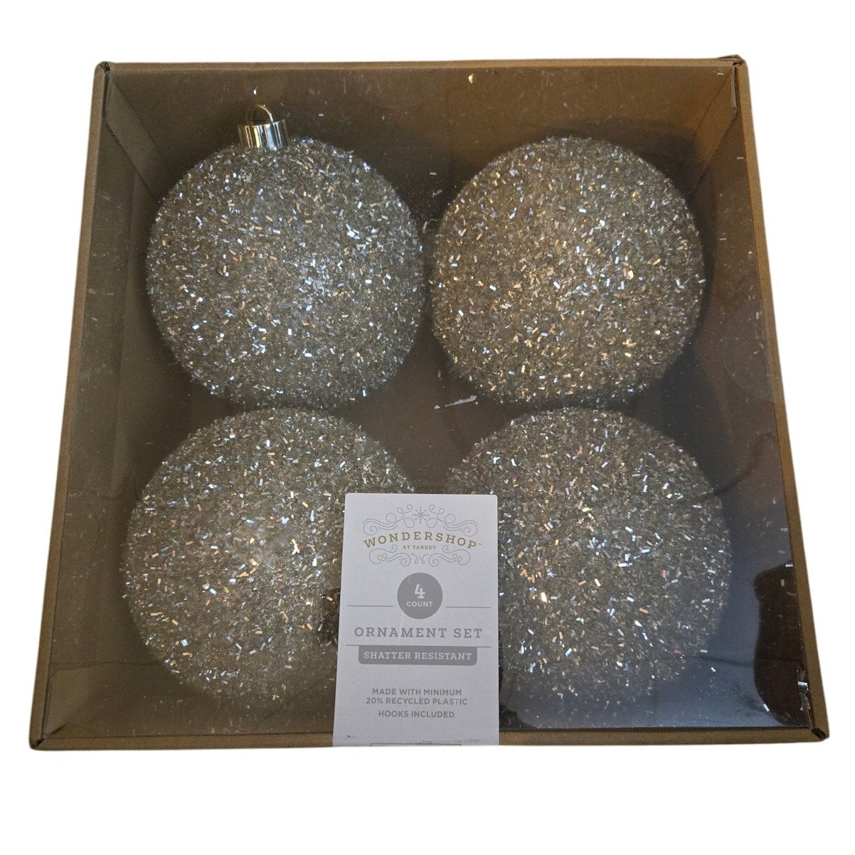 4ct Extra Large 5.91" Christmas Glittery Tinsel Ball Ornament Set Champagne Gold