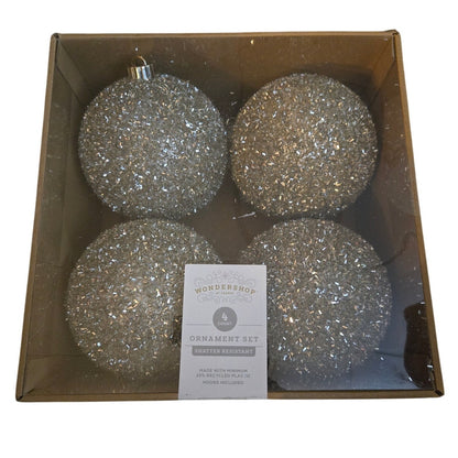 4ct Extra Large 5.91" Christmas Glittery Tinsel Ball Ornament Set Champagne Gold
