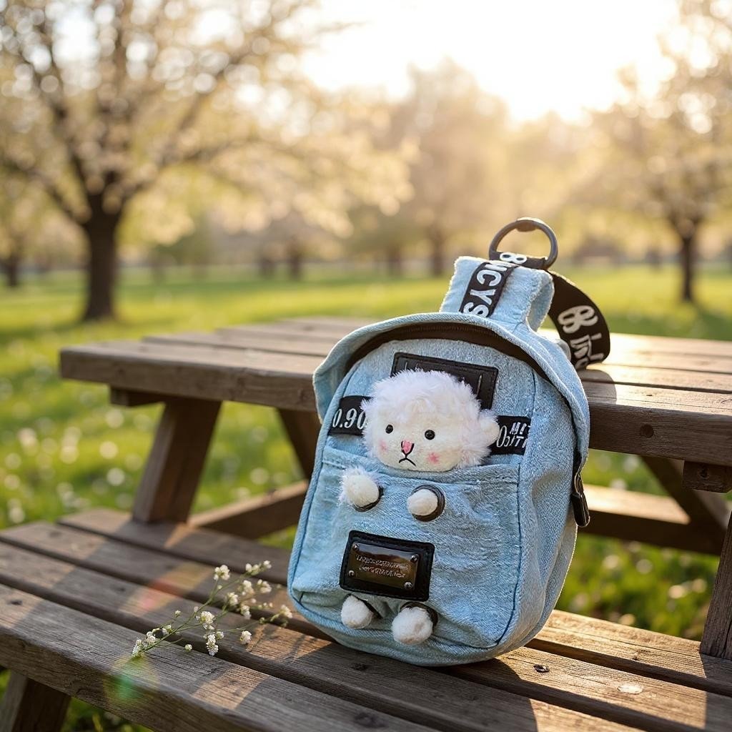 Mini Denim Crossbody Sling Bag with Animal Charm Adjustable Strap